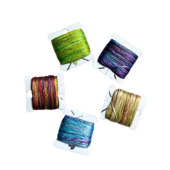 5 Twelve-Yard Bobbins of Hand-Painted Silk Gima Tape Yarn